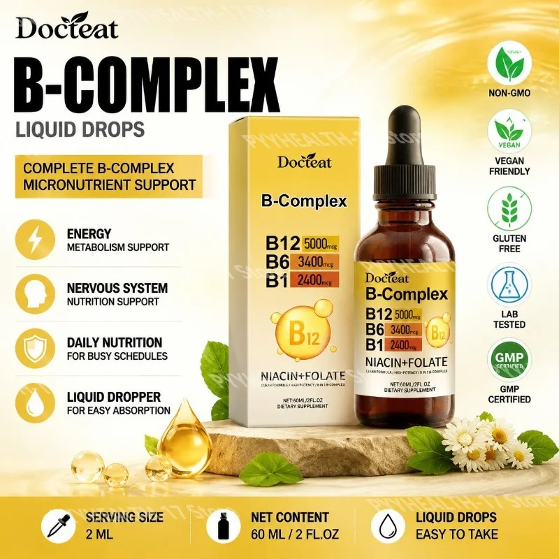Docteat B Complex Liquid Drops B12 B6 B1 Niacin Folate Energy Metabolism and Nervous System Support for Men Women 60ml