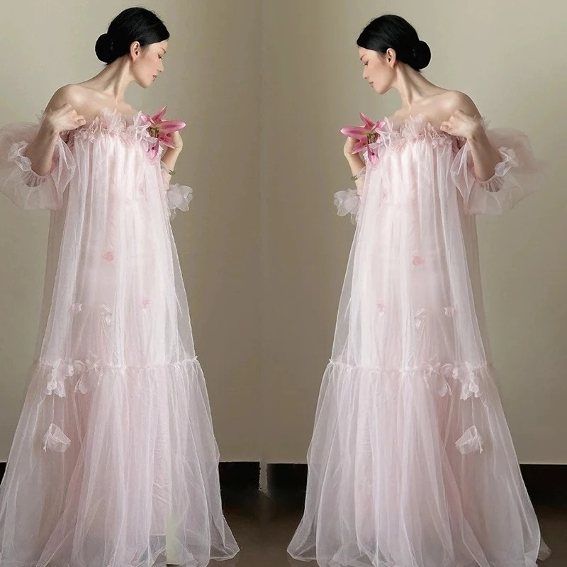 

Women Photography Props Pink Korean Off-shoulder Wedding Dresses Pregnancy Maternity Dress for Studio Photoshoot Accessories
