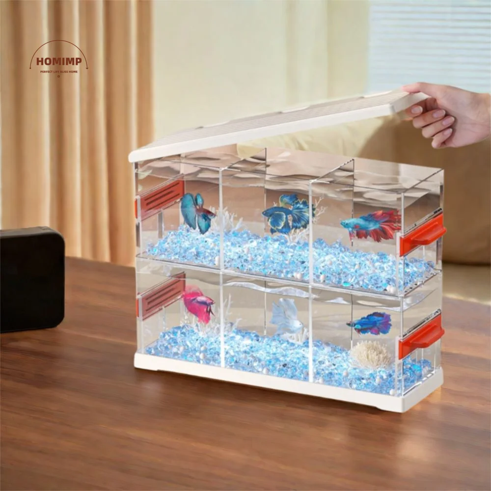 

High Definition Transparent Fish Tank Stackable 3 Grids Desktop Fish Tank Shatterproof with Light Fish Breeding Box Bedroom