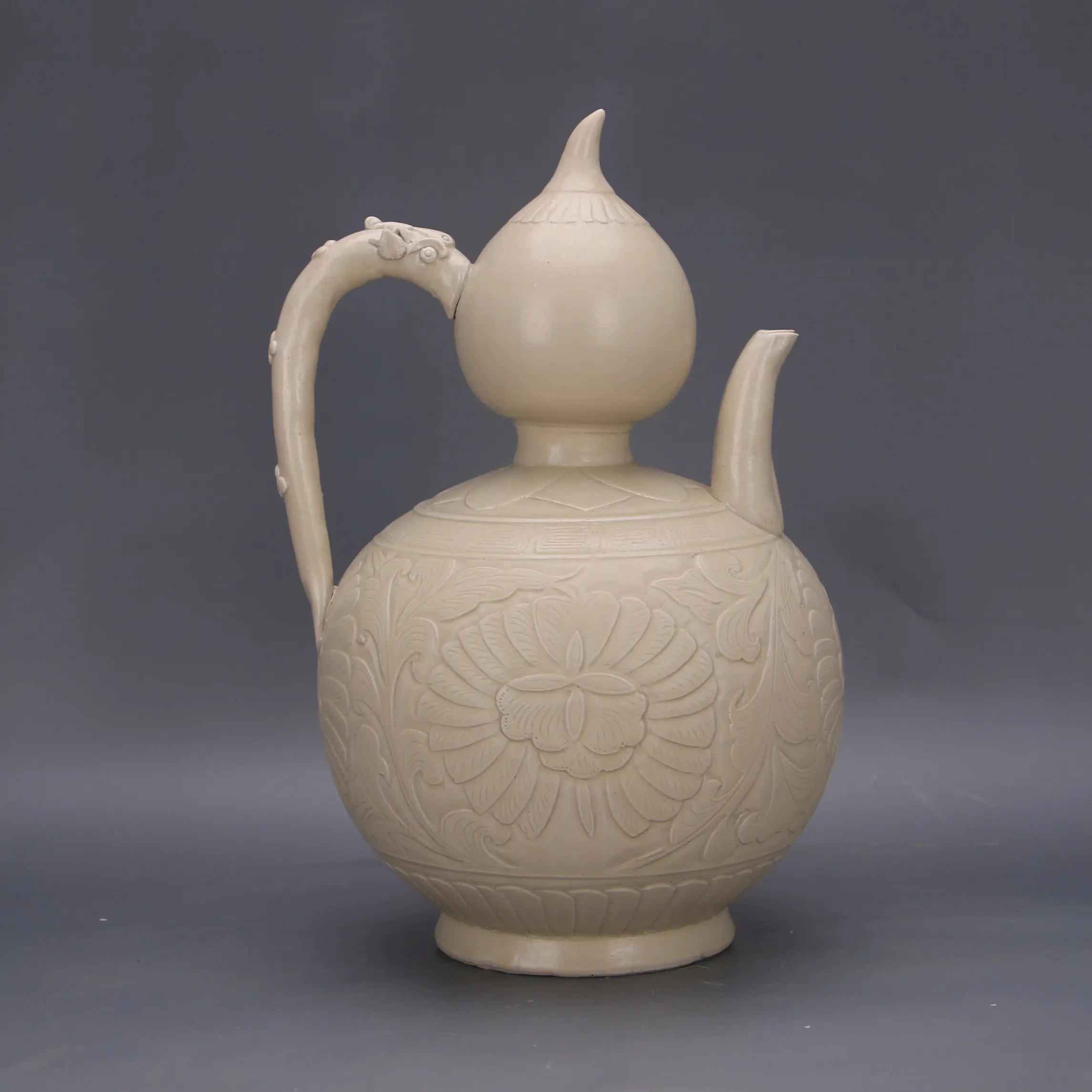 Handmade Song Style Ding Ware Rice Yellow Glaze Carved Gourd Scroll Dragon Handle Inverted Teapot Collectible