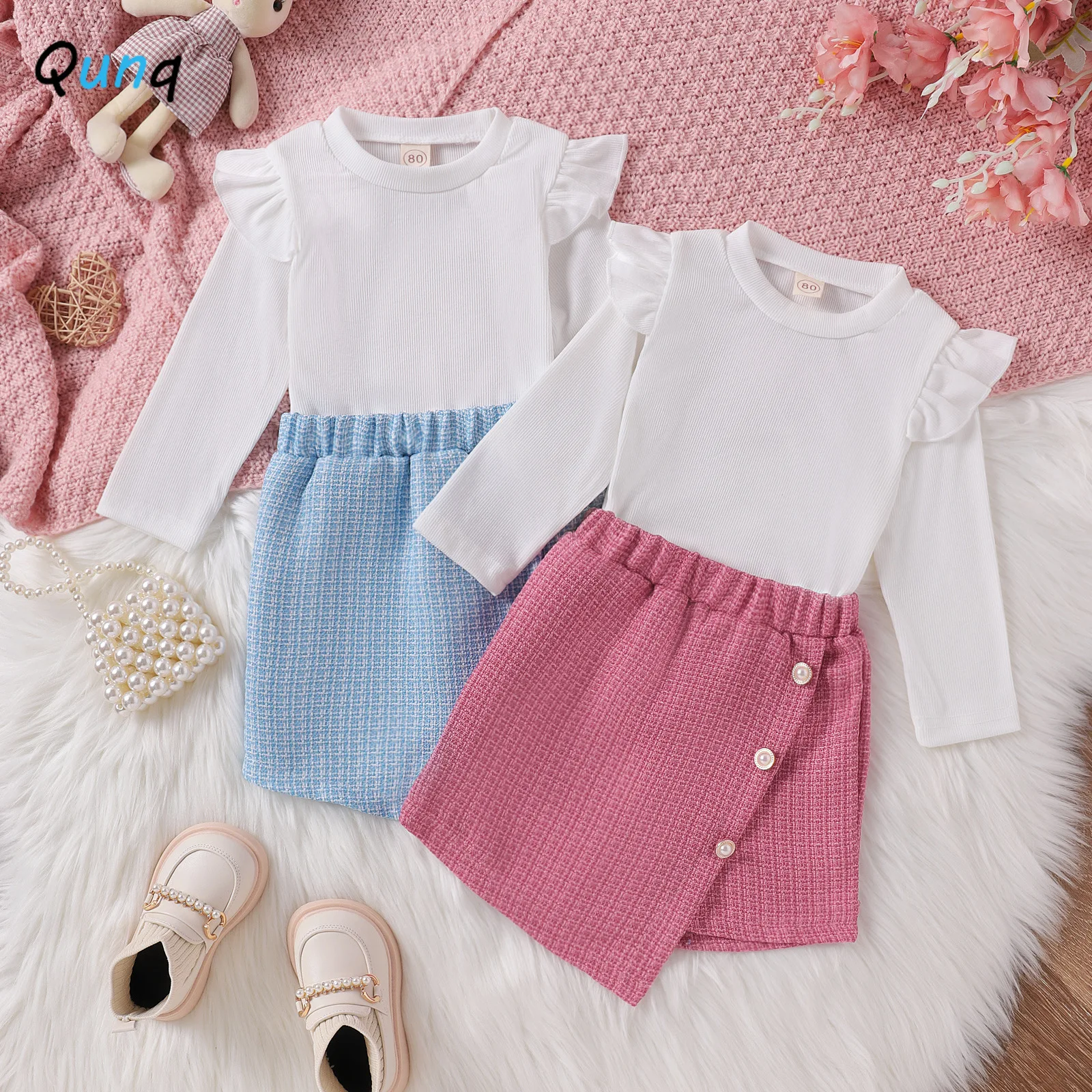 

Qunq 2023 Autumn INS New Girls O Neck Knitted Long Sleeve Top + Plaid Irregular Skirt 2 Pieces Set Casual Kids Clothes Age 1T-3T