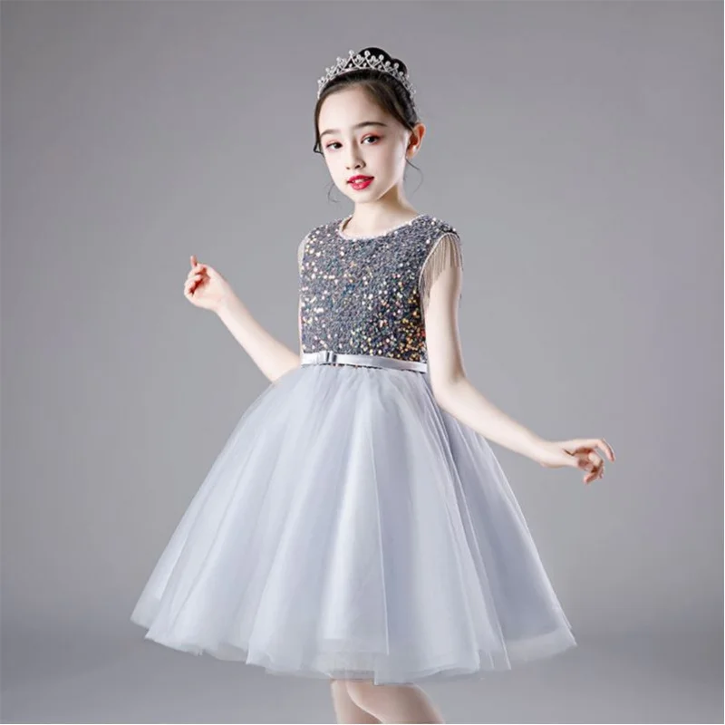 Sequin Children's Dress Princess Dress Puffy Tulle Stylish Girl Host Violin Piano Performance Dress for Older Children