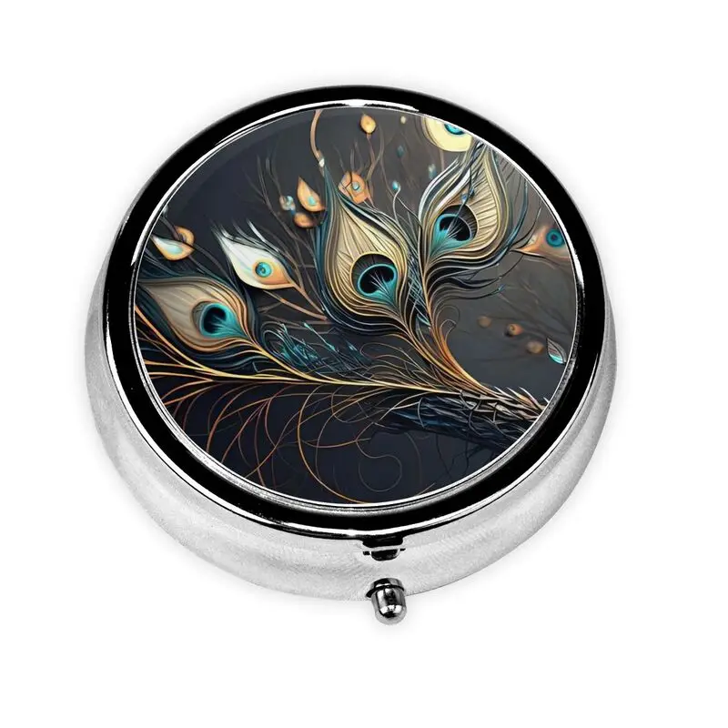 

Peacock feather 3 cell pill box cell portable pill box pocket or purse decorated with metal medicine vitamin travel unique gift