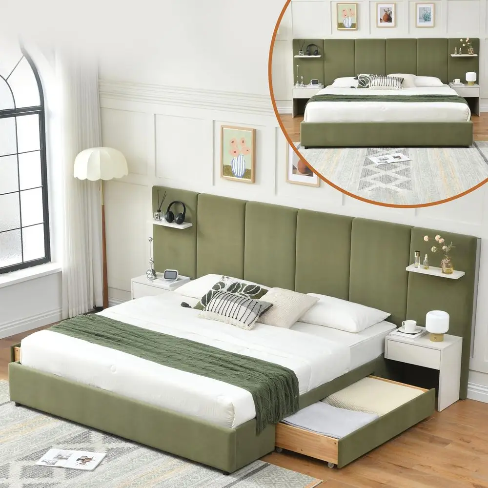 Green Velvet Storage Platform Bed with Built-in Nightstands and Floating Shelves, Easy Assembly, No Box Spring Needed