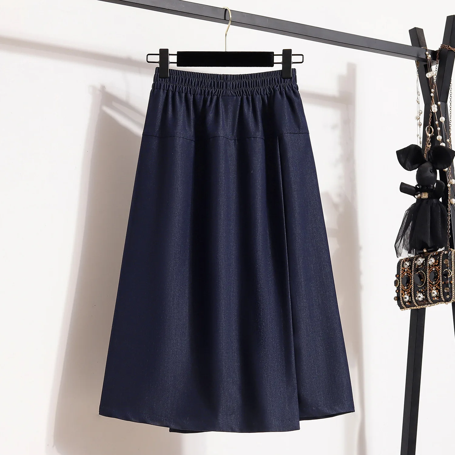 L-4XL 50-100kg Plus Large Size Skirts for Women Denim Skirt Korean Style Black Skirt Elastic Waist Blue Jean Skirts Mid Length