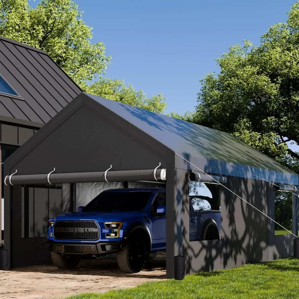 JAMFLY Carport, 12x20 ft Heavy Duty Carport with Roll-up Windows, Portable Garage with Removable Sidewalls & Doors, Car Canopy