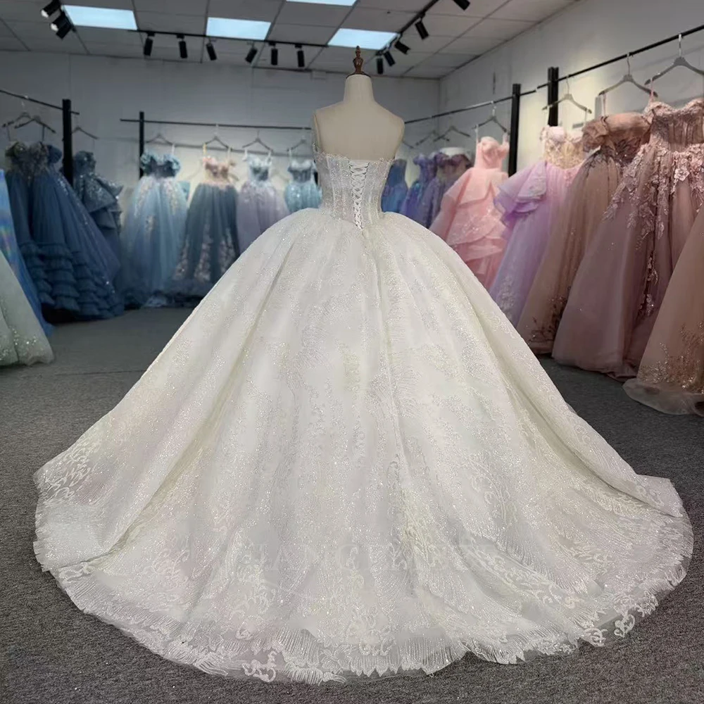 Stylish Customized Luxury Sleeveless Pearls Sequins Ball Gown Lace Up Back Wedding Dress Vestido De Novia Floor-Length DY8503
