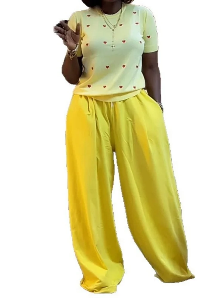 Wmstar 2 ชิ้นชุดชุดสตรีขายส่งฤดูร้อนใหม่หวานแฟชั่นรอบคอรูปหัวใจแขนสั้นขากว้างกางเกงยาว