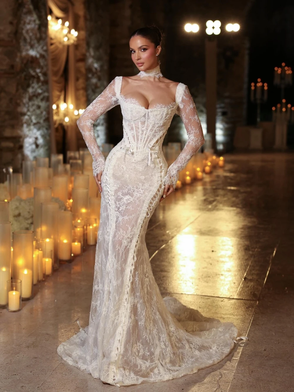 Zartes Spitzen-Korsett Hochzeitskleid Elegantes Meerjungfrauen-Brautkleid mit Quadratischem Ausschnitt Romantisches Feenhaftes Figurbetontes Maßgeschneidertes Damenkleid