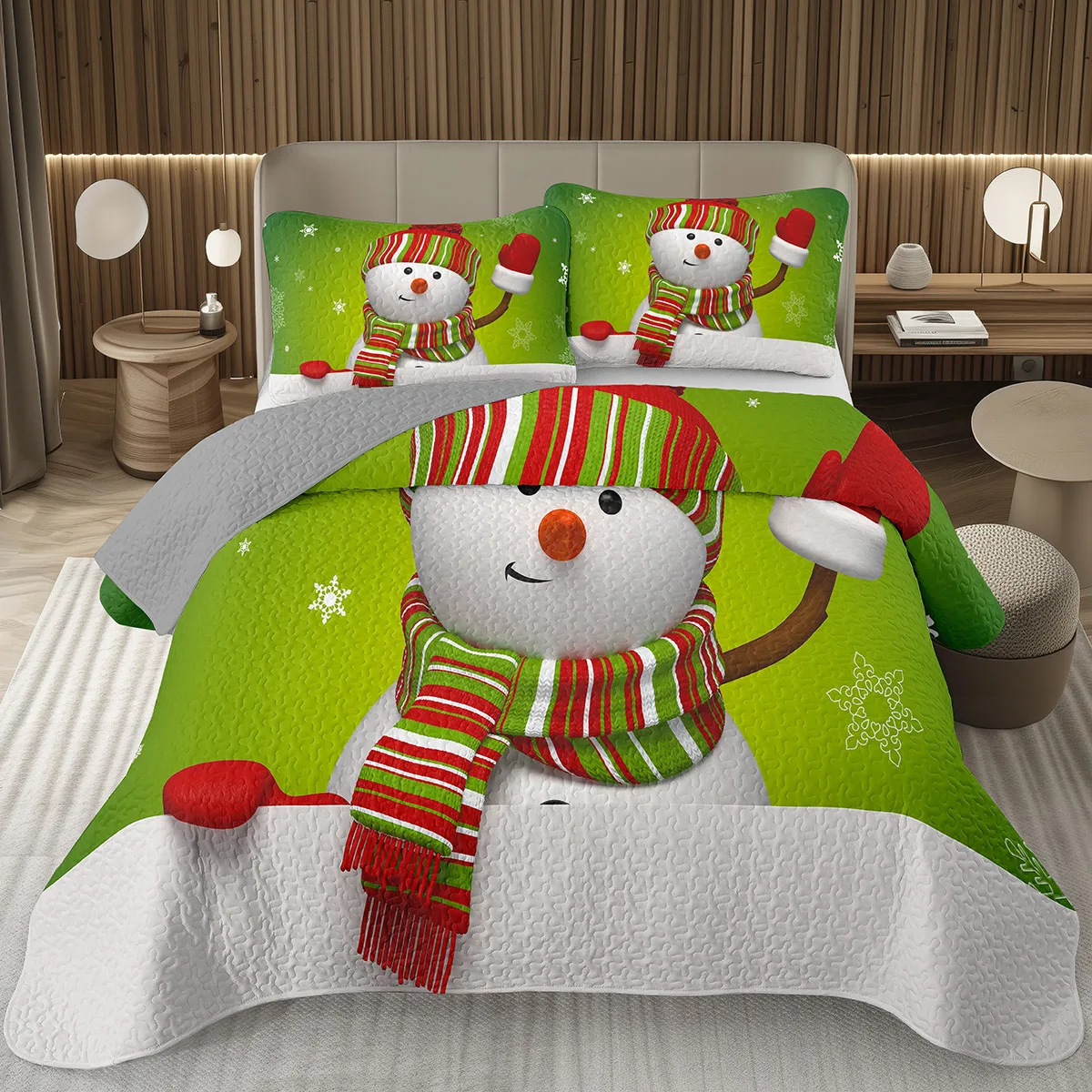 

Merry Christmas Coverlet Set,Lovely Snowman Bedspread Twin Size for Boys Girls Dorm Room, Winter Theme Cartoon Style Quilt Set