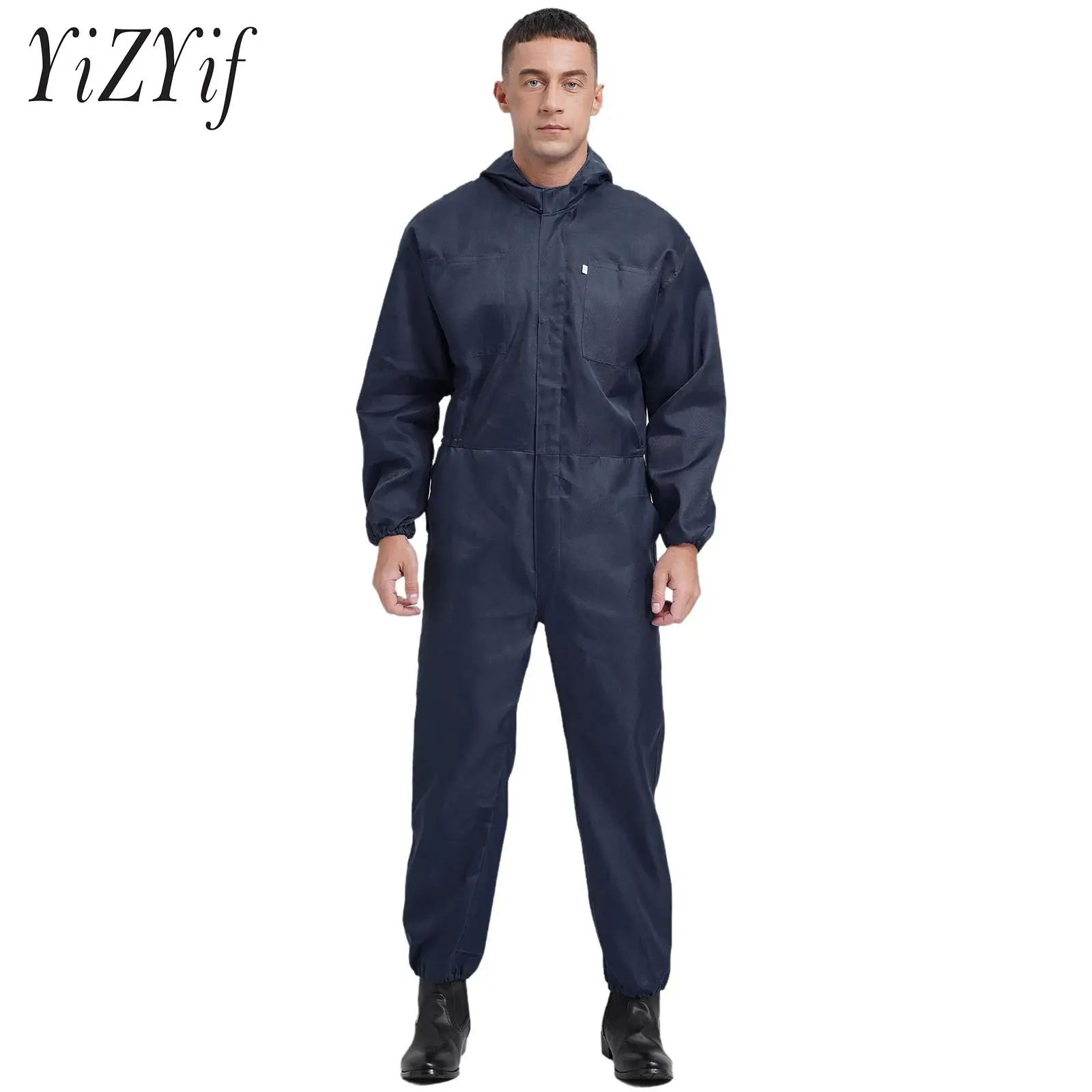 

Mens Dustproof Jumpsuit Hooded Coverall Long Sleeve Front Half Zipper Big Pockets Overalls Dungarees for Workshop Worker
