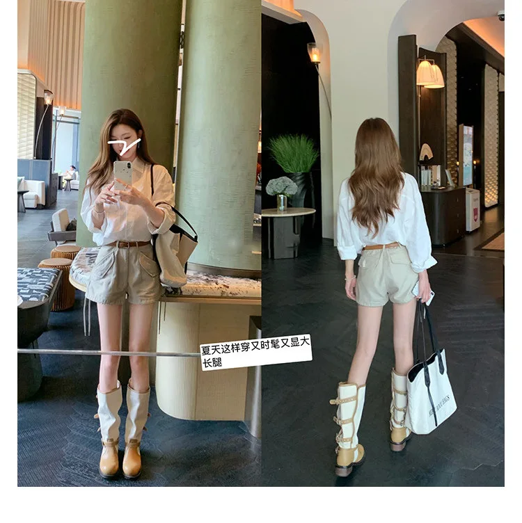 4cm Thick Heel~Fold Over Double Belt Buckle Boots Women 2026 New Color Blocked Round Toe Midsole Knight Boots Women Shoes - view 4