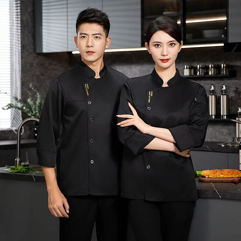 Uniforme de chef de restaurant pour hommes et femmes, veste de chef avec tablier, manteau de cuisinier à manches longues, t-shirt de chef, uniforme de travail, vêtements d'hôtel, logo