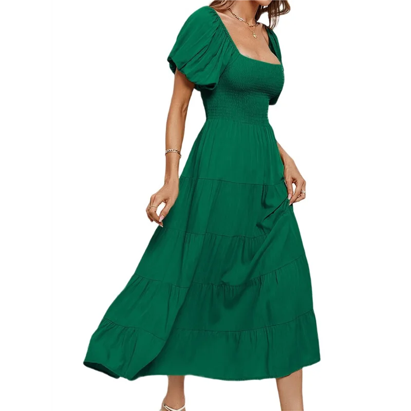 A09P Vestido midi casual de verão feminino, manga curta inchada, gola quadrada, vestidos com babados em camadas