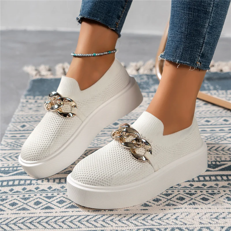 Flache Plateaus chuhe für Frauen Slip-On-Kette Damen Slipper Mesh atmungsaktive Socken Schuh lässig einfarbig 2024 Frühling Herbst neu