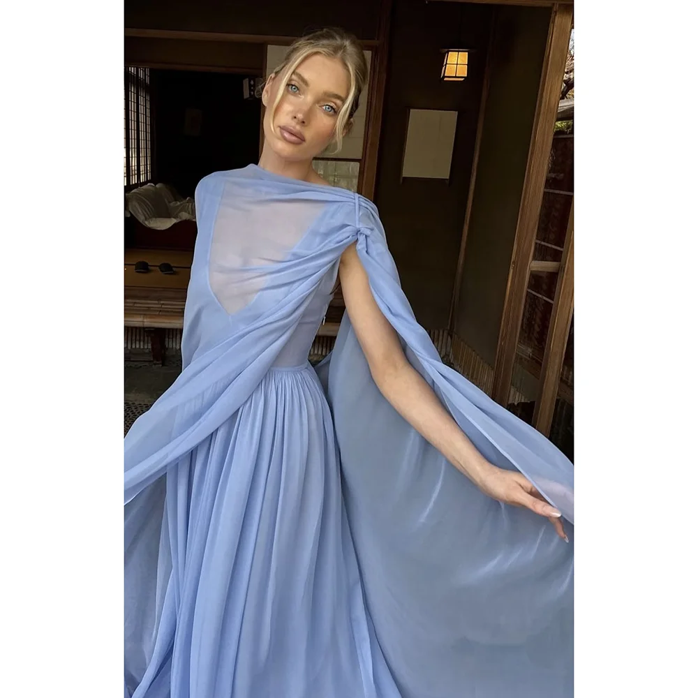 

Elegant Blue Prom Gown Ankle-length A Line High Quality Boutique Solid Color Women Dinner Party Dress