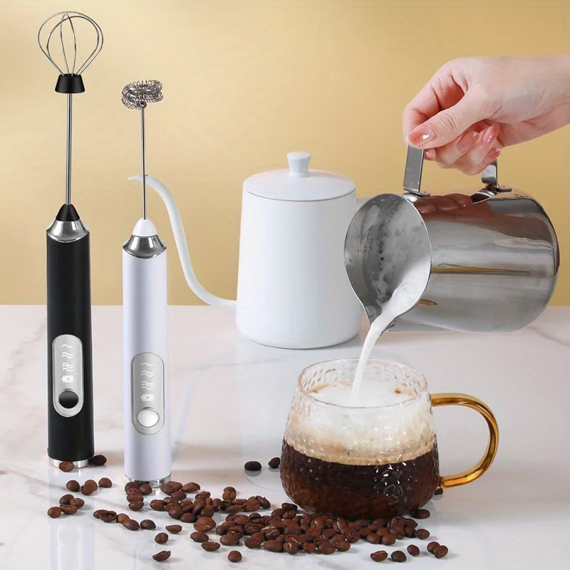 Milk Frother Rechargeable Handheld Electric Whisk Coffee Frother Mixer with 3 Stainless whisks 3 Speed Adjustable Foam Maker Ble