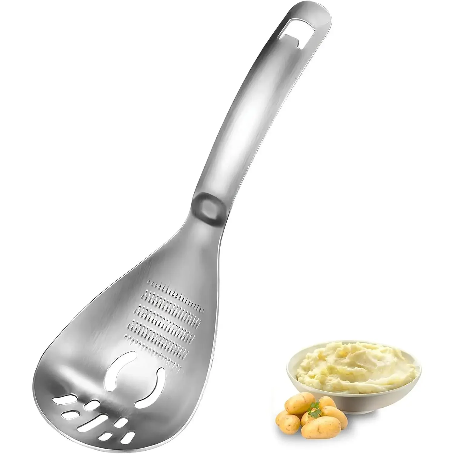 Heavy-duty food-grade stainless steel 3-in-1 masher, slotted spoon and egg separator. Perfect for potatoes, avocados, beans and veggies. Dishwasher safe for easy cleanup.