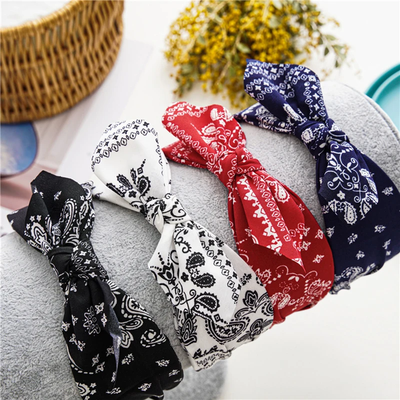 Women Boho Floral Printed Cross Knot Hair Hoop Vintage Elegant Bow Wide Headbands Female Retro Headwear Hair Accessories