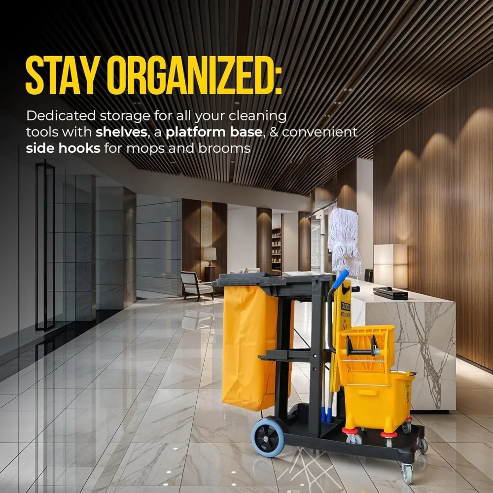 Commercial Grade Cleaning Utility Cart, Yellow and Grey