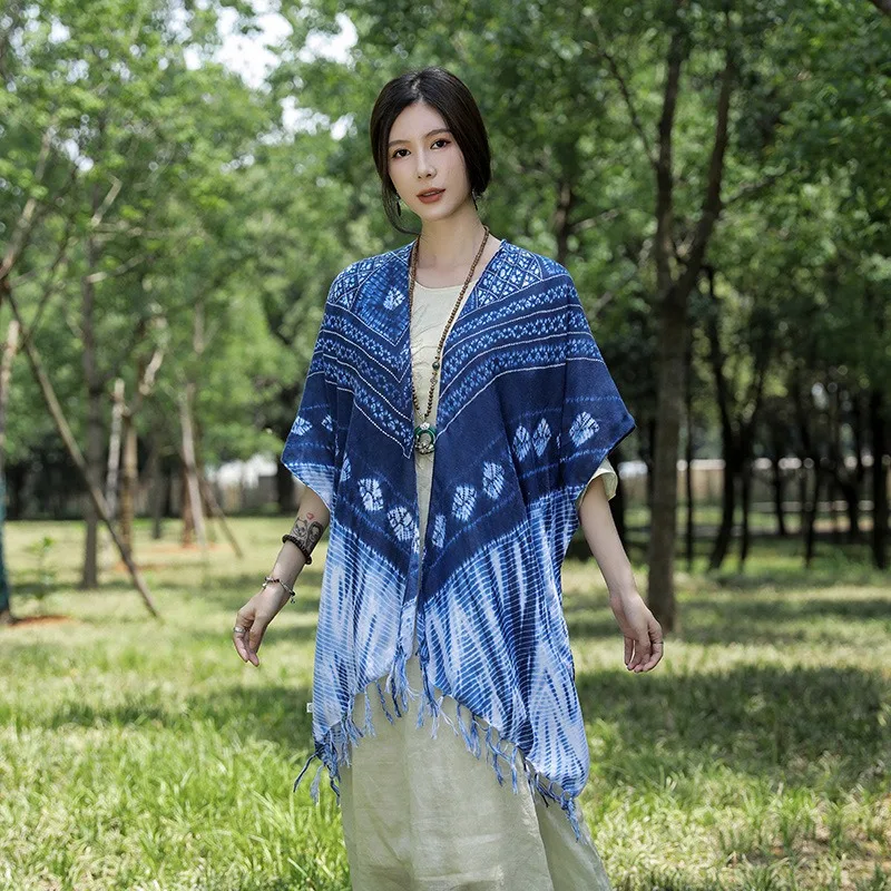 

Indigo tie-dye shawl travel sunscreen poncho thin section tassel poncho cardigan silk scarf ethnic style