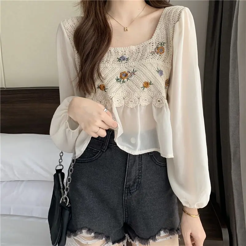 

Korean Style Blouse Women Hollow Out Crochet Knitted Long-sleeved Square Collar Office Lady Versatile Embroideries Tops Female