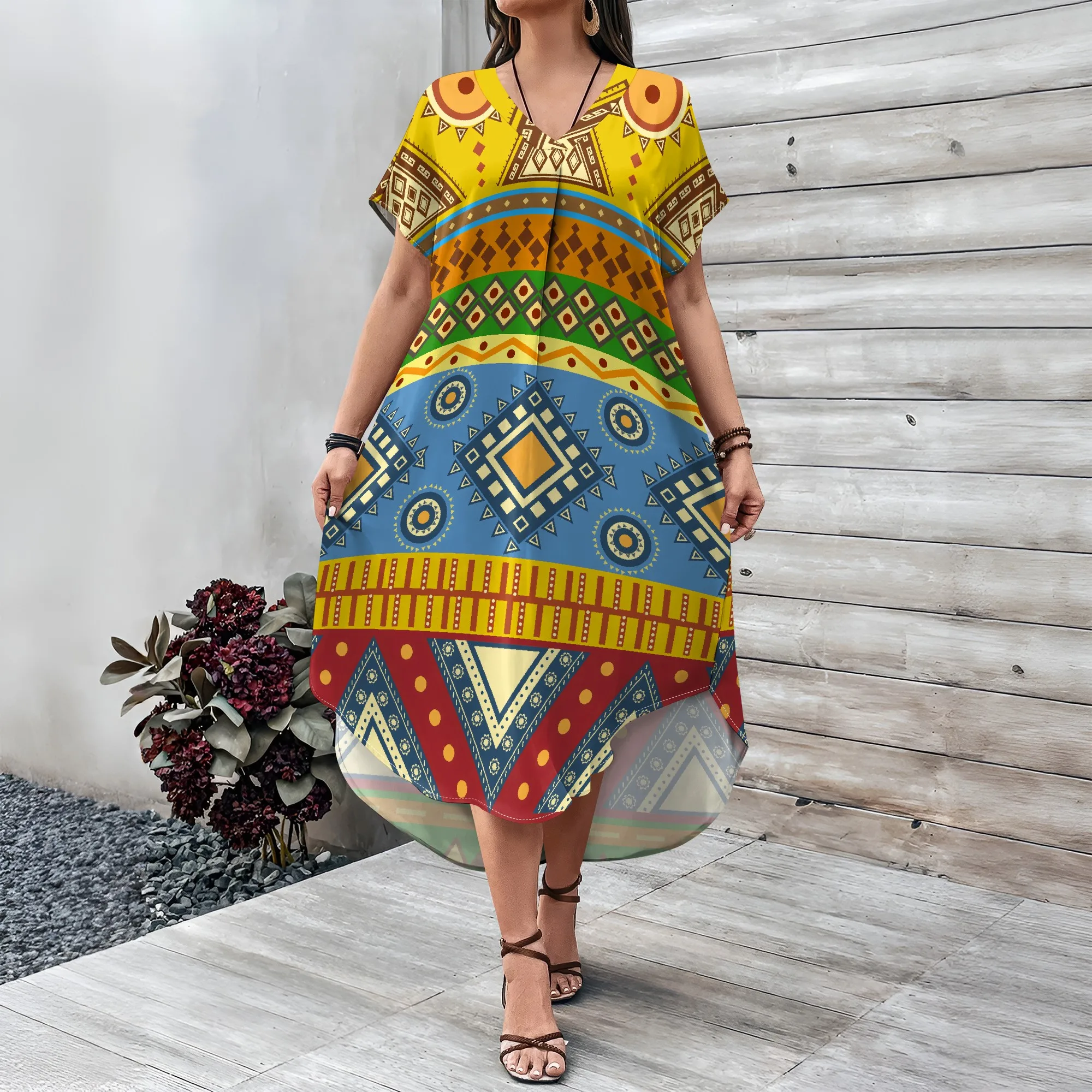 

Women's summer short sleeved dress 3D printed fashionable printed African style dress