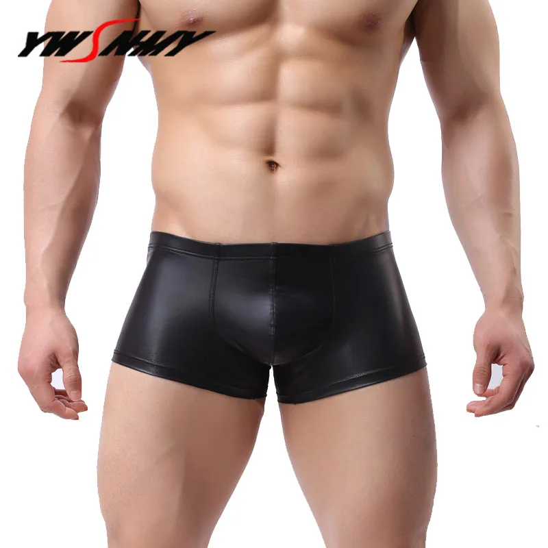 Sexy Men Boxers Male Panties Faux Leather Underwear Men U Convex Underpants Fashion Gold Silver Nightclub Stage Show Boxershorts