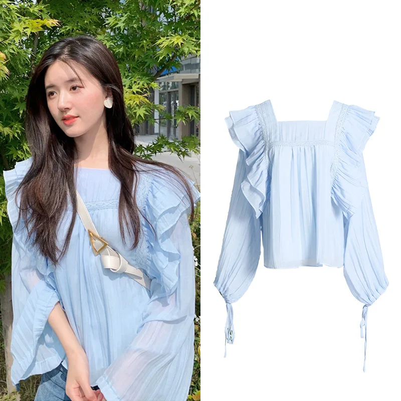 

Women's Pleated Chiffon Blouse, Sky Blue Top, Long Sleeve Shirt, Ruffle Lace, Korean Fashion Tops, High Quality, 2024