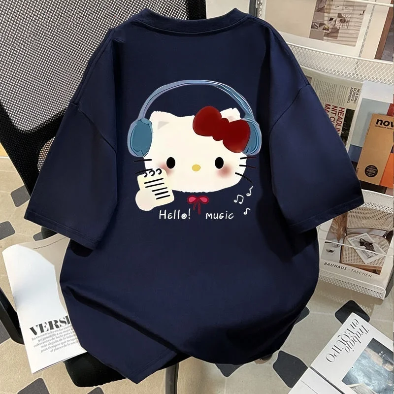 Miniso القطن مرحبا كيتي قميص جذاب الفتيات سانريو أنيمي KT طباعة Y2k تيز المتضخم موضة زوجين تيز س الرقبة رداء علوي غير رسمي المرأة