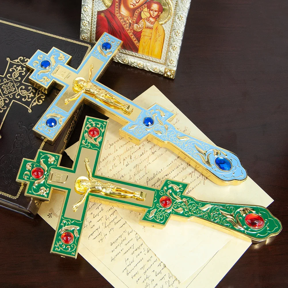 HTISOK Orthodoxes Kreuz aus Zinklegierung, Handkreuz mit Jesus-Statue und künstlich gefärbtem Ornament, orthodoxes Kirchenkruzifix – Detail 1