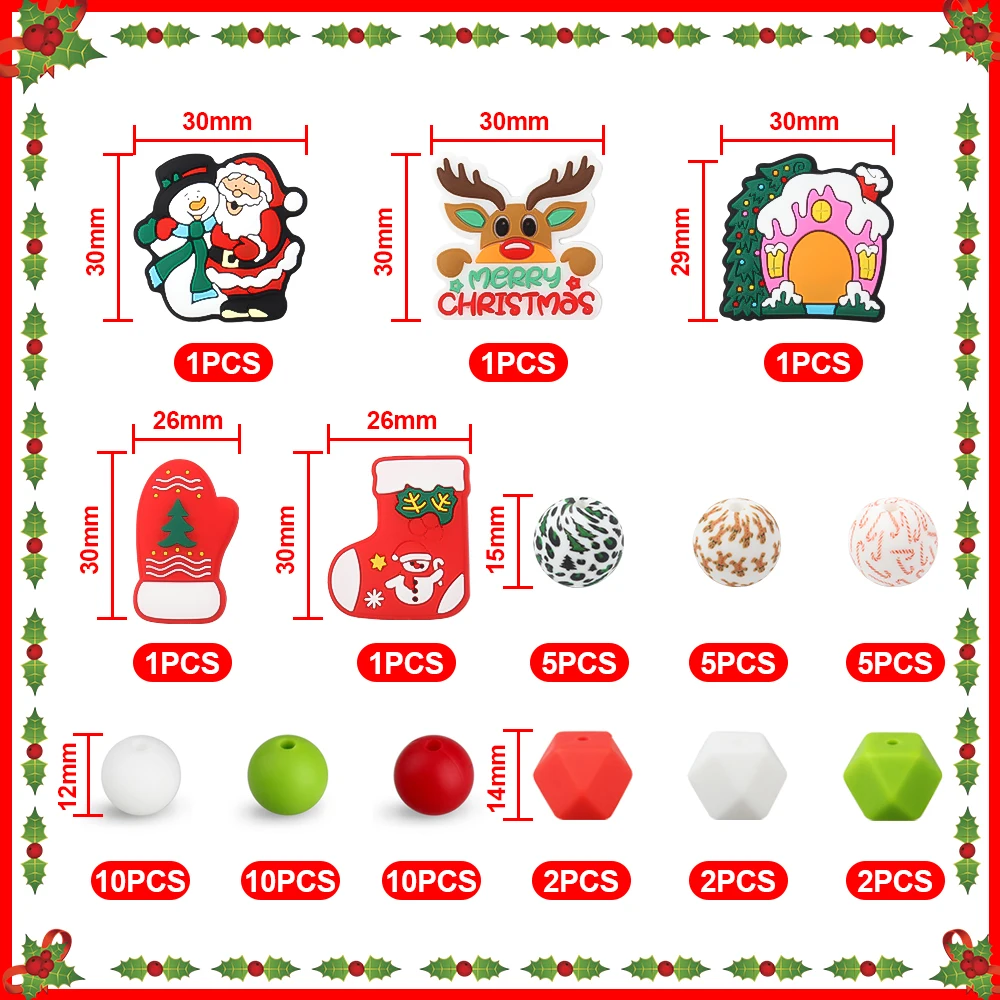 56Pcs Christmas Silicone Beads Set Santa Claus Focal Beads Round Spacing Loose Beads For Jewelry Making DIY Keychain Accessories