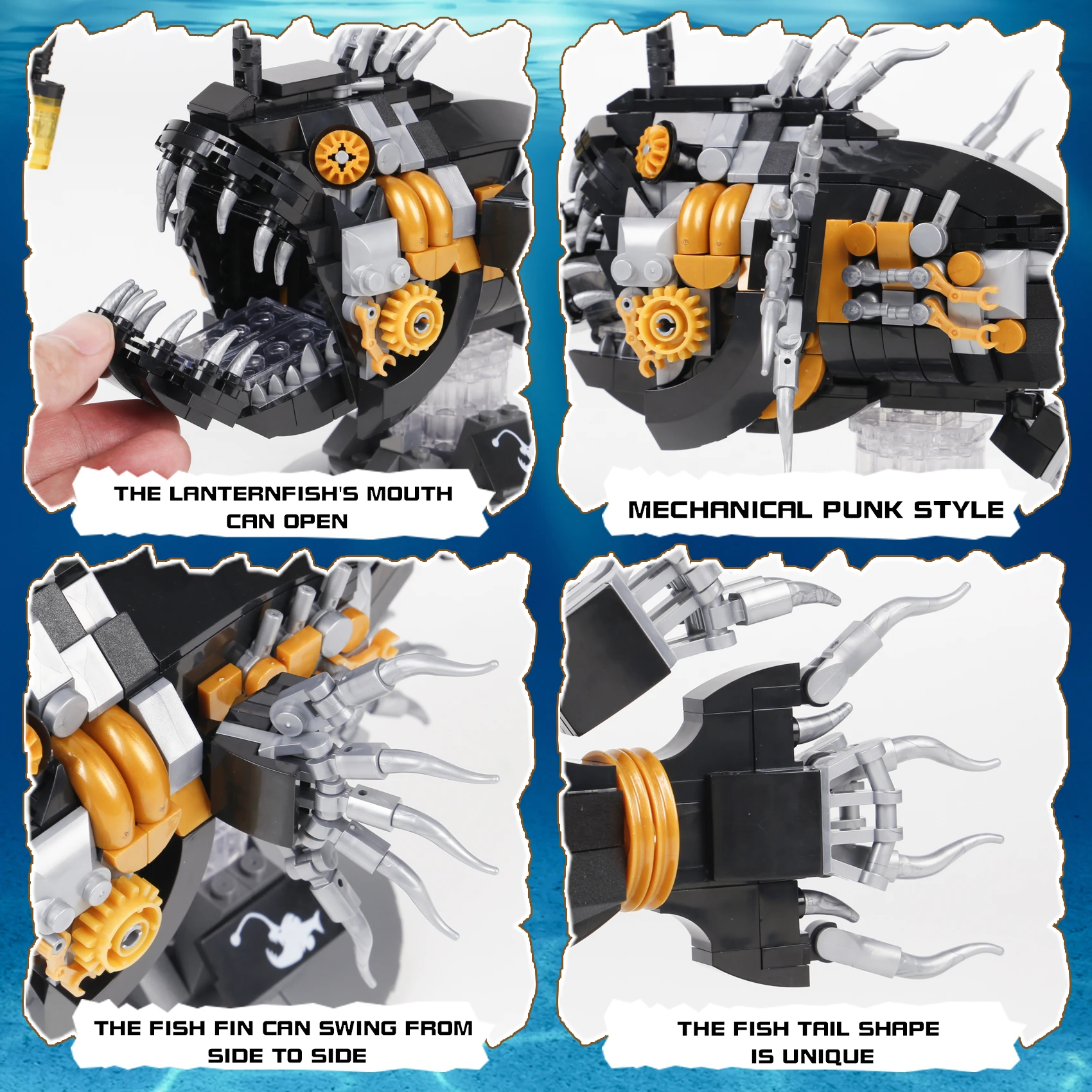 Creative Mechanical lantern Fish Building Blocks Piranha Model With Light Model Assemble Brick Toys For Kid Adult Gifts