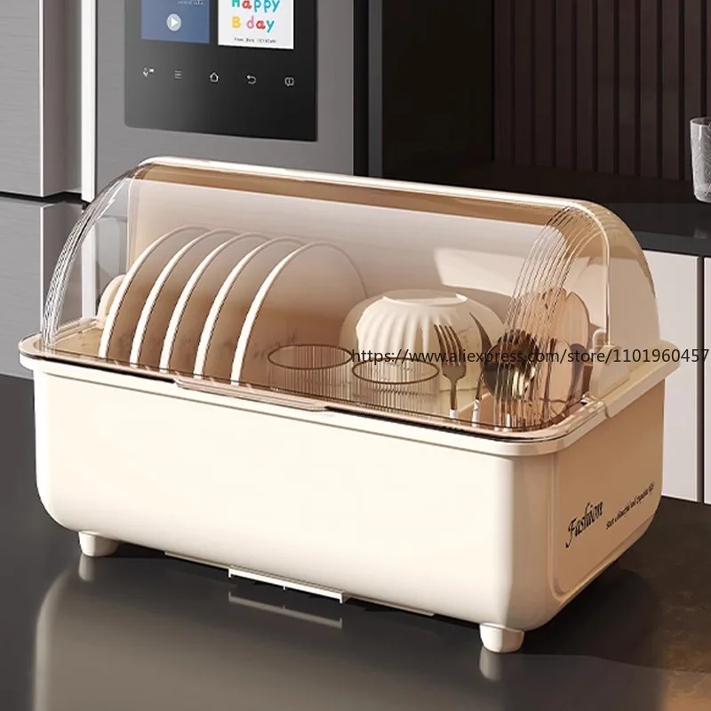 

Kitchen Drainable Dish Storage Box Multi-Functional Tableware Organizer with Lid Dust-Proof Bowl Rack for Plates Bowls Utensils