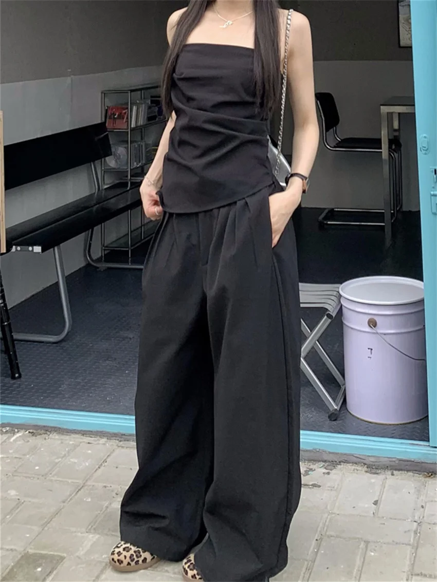 PLAMTEE High Street Women Suits Chic Tank Tops Casual 2024 Elegant Wide Leg Pants Straight Office Lady Fashion Summer Sets