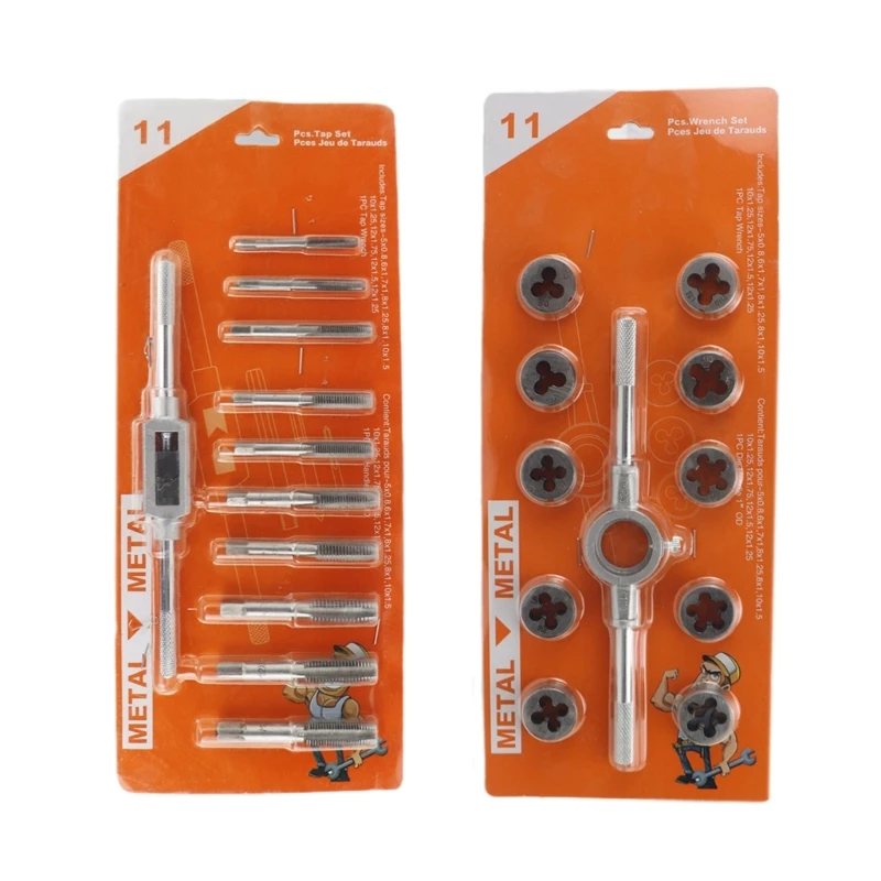 Durability Steel Tap and Die Set, 11Pieces, Ergonomic Wrenches Design for Comfortable Grip Repairing Work Tasks Tool Dropship