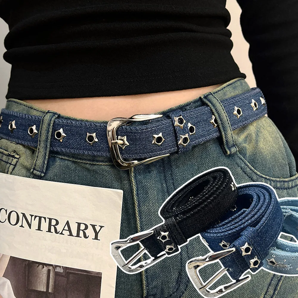 

New Y2k White Sequins Star Hollow Waistband For Women Men Canvas Pin Buckle Waist Belt Adjustable Waist Strap Star Eyelet Belt