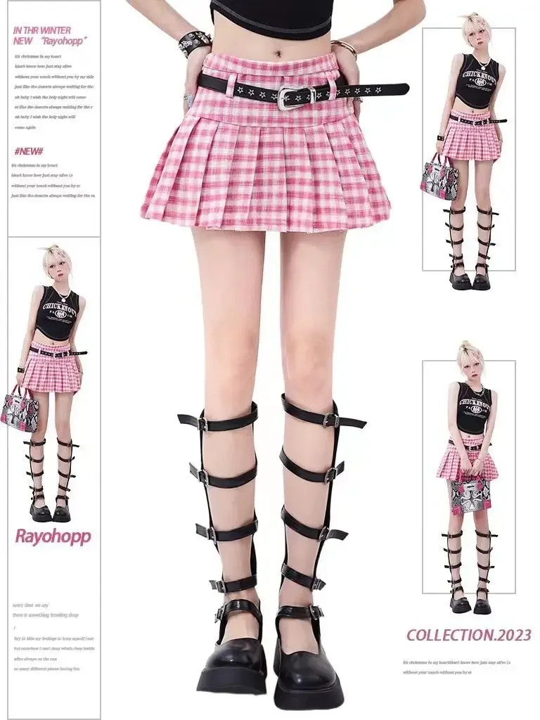 Kawaii Dopamine Pink Plaid Pleated Skirt Women Lolita Jk Sweet Cool High Waist Jupe Anti-exposure A Word JK Short Skirt