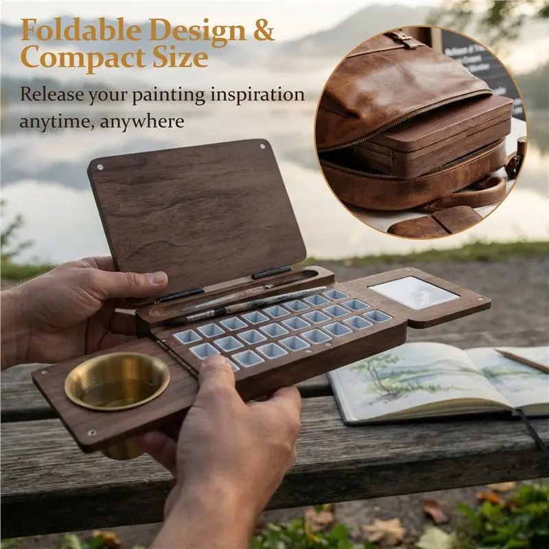 24 Grid Wooden Watercolor Palette Walnut Wood Travel Watercolor Palette Foldable Empty Palette Box Paint Tray
