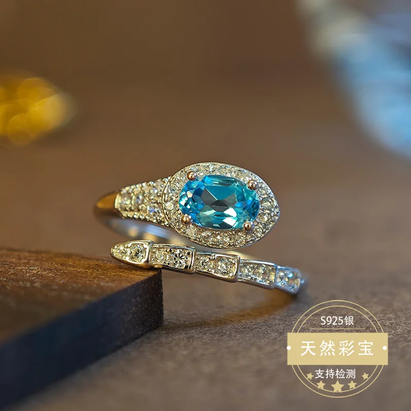 

Natural Topaz Index Finger Ring Snake Shape Resizable Size Genuine Gemstone with Certificate Elegant Birthday Gift