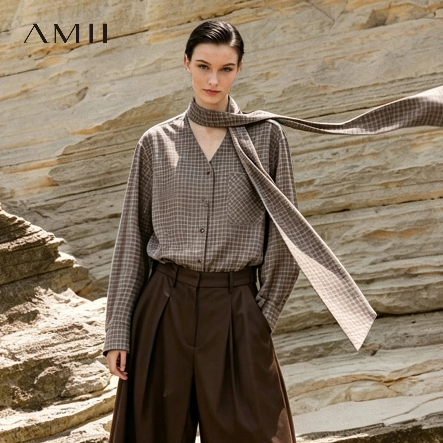 Amii 2026 Autumn New Shirts for Women Nomadic Style Tie Belt V Neck Tops Plaid Loose Long Sleeve Blouse Woman Clothing 12643045