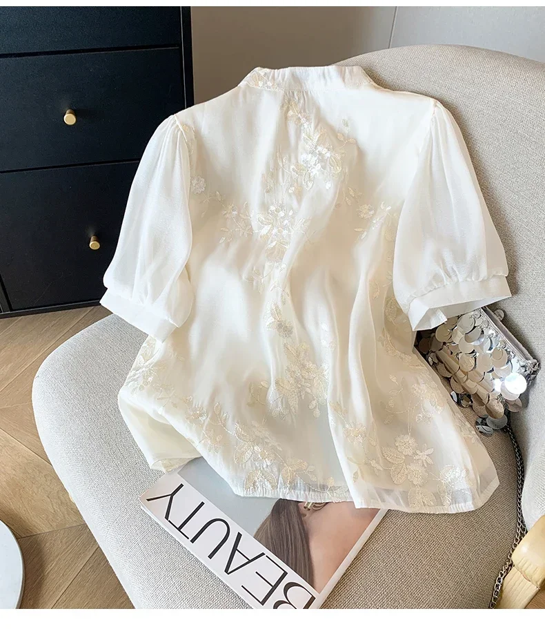Chiffon Women's Shirts Summer Vintage Embroidery Blouses Floral Clothing Loose Short Sleeve Women Tops 2024 Korean