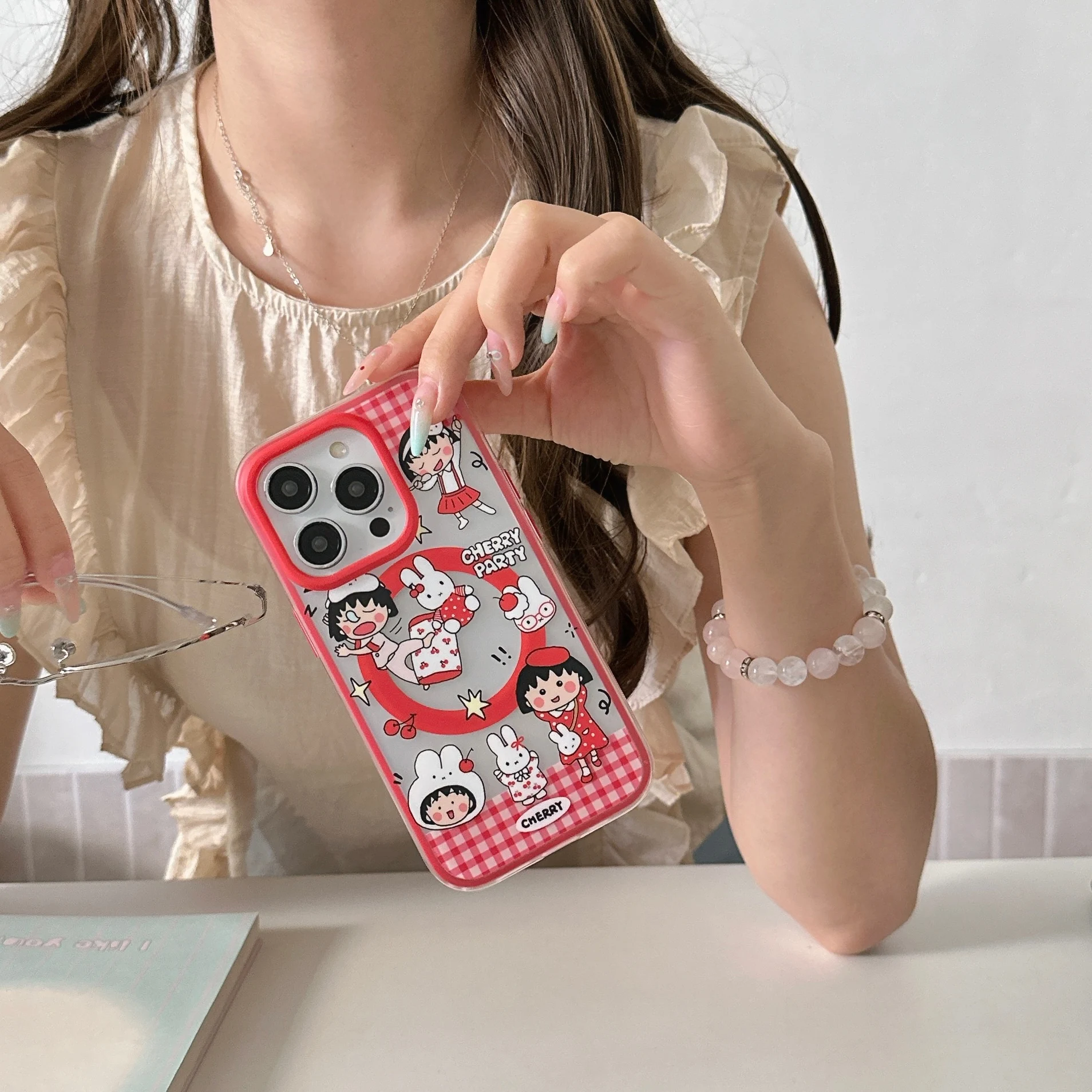 Super Kawaii Red Transparent For Chibi Maruko-chan Shell Bracket High-Quality Phone Case For iPhone16 14 15 Pro Max Anti-Drop