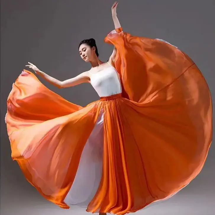 Women Classical Modern Dance Training Skirt Elegant Ethnic Double Chiffon Performance Swing Skirt Wrap Ethereal 720 Degree Skirt