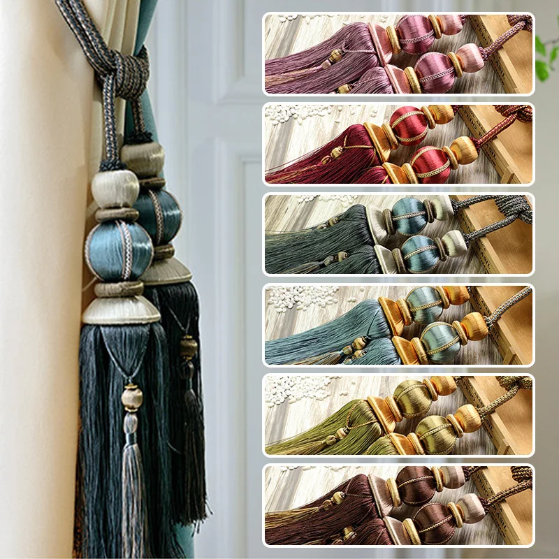 A Pair Curtain Tiebacks Decorative Accessories with Hanging Balls, Tassels, Binding Straps, Ropes Hooks Tie Rope Curtains Holder