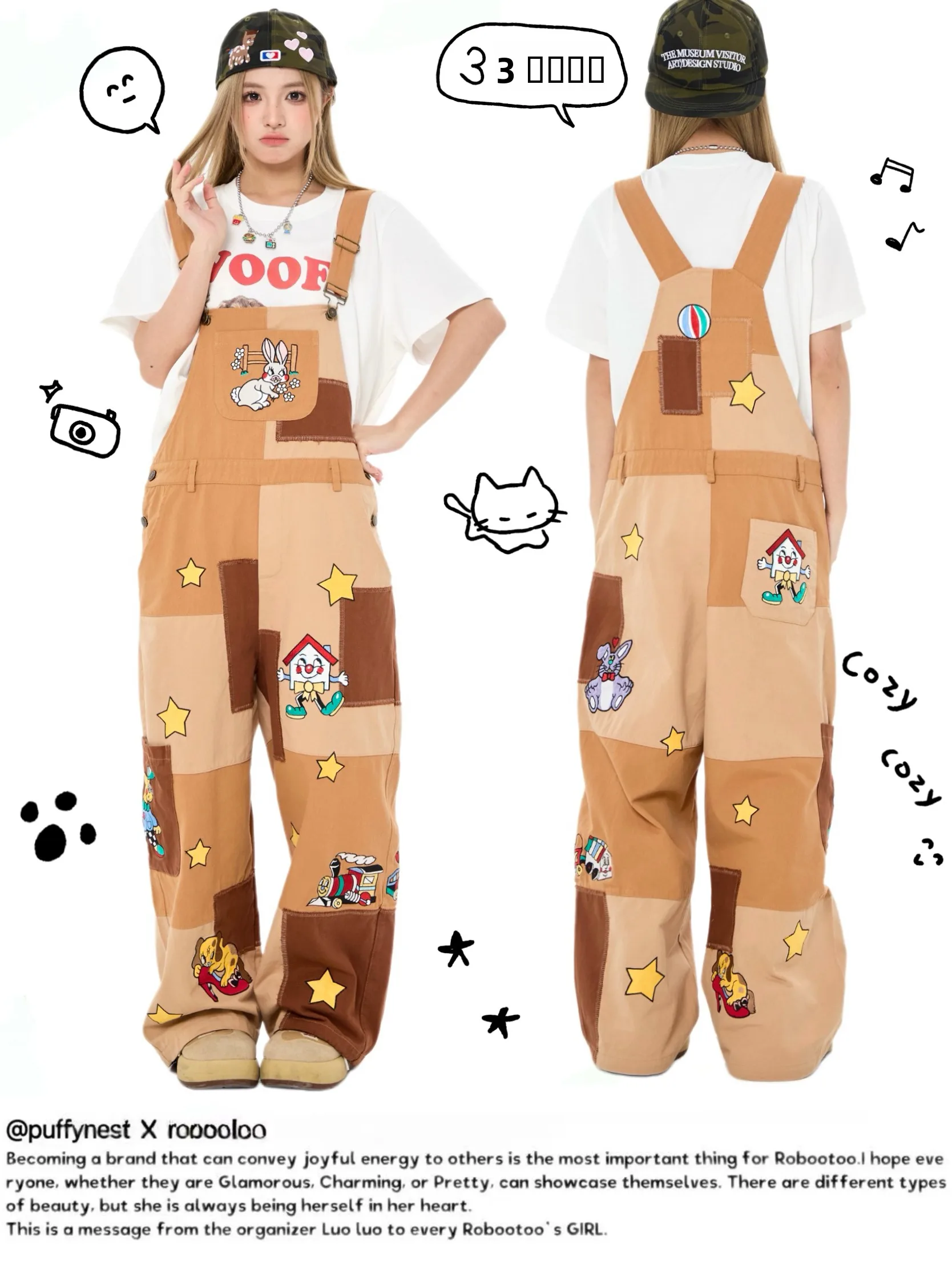 Puffynest Original Illustration Artist Embroidered Heavy Patchwork Cotton Loose Overalls Commute Style High Waist Long Pants