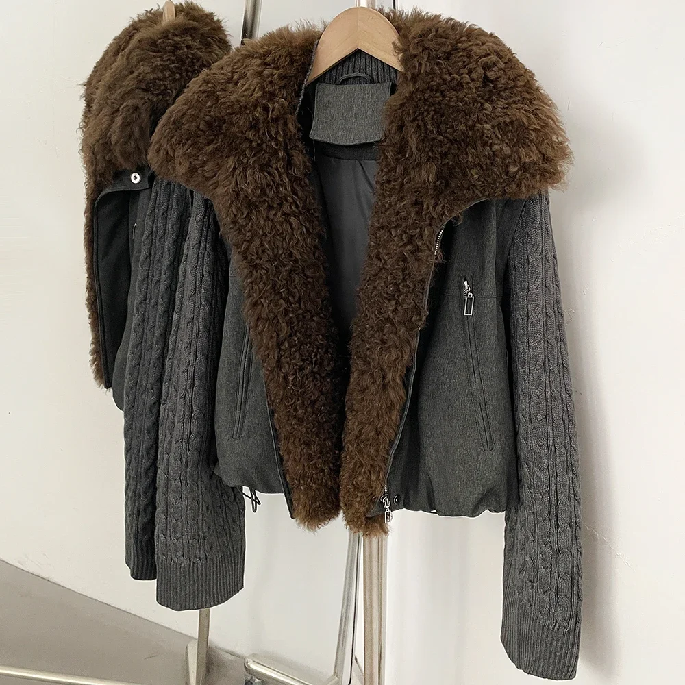 OFTBUY 90 White Duck Down Jacket Knit Sleeve Zipper Pockets Drawstring Short Coat Women Winter Real Curly Lamb Wool Fur Collar