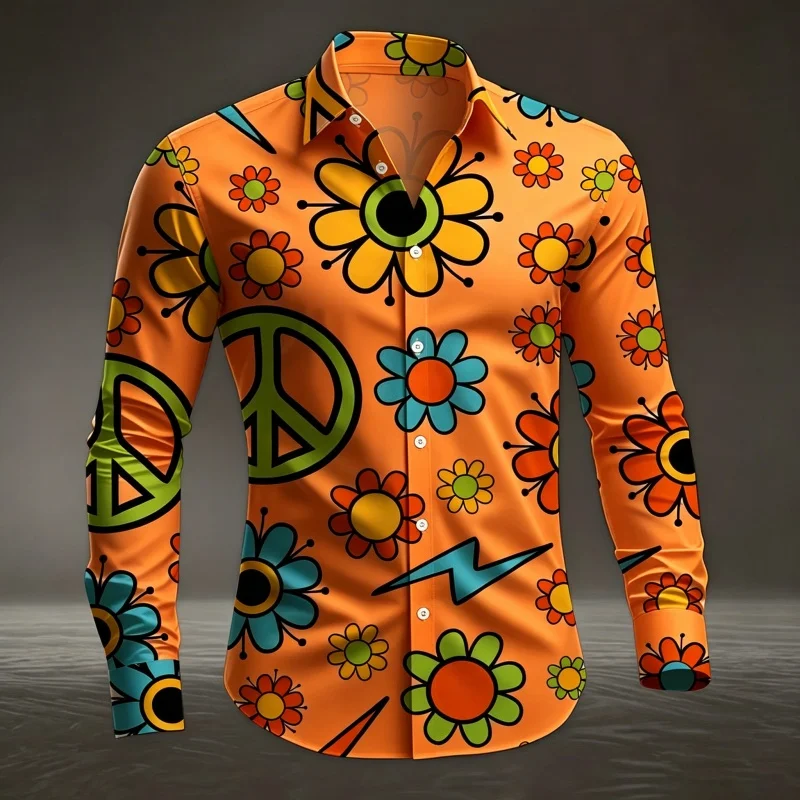 Heren wit hippie vredesteken bloemenprint overhemd met lange mouwen en knoopsluiting dagelijkse casual blouse tops
