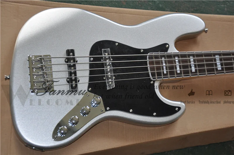 5 String Electric Bass Guitar, Silver Body, JB Bass, Black Maple Headstock, Fixed Bridge active battery