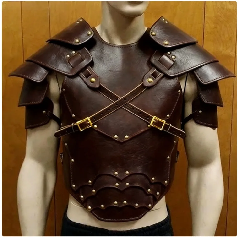 グラディエーター-レザーボンデージトップ-マルチストラップ-ショルダーアーマー-ウォリアー-コスプレ